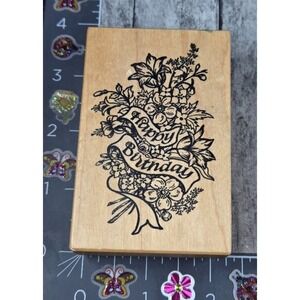 PSX Designs Flower Bouquet Happy Birthday Ribbon G747 Rubber Stamp Wood #0102